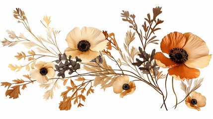 dried poppy moss and leave decoration and boho flower on white background