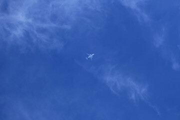 Airplane in the blue sky with white clouds 