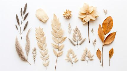 decoration with dried primrose laurel and leave decoration and boho flower on white background