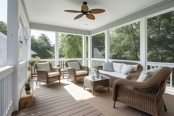 a porch with fan and furniture. Generative AI - obrazy, fototapety, plakaty