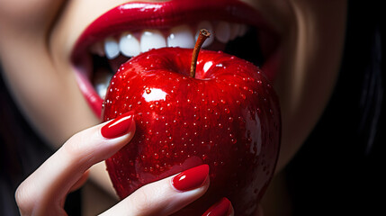 une bouche de femme qui croque dans une belle pomme rouge - fond noir - obrazy, fototapety, plakaty