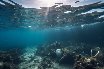 Polluted ocean floor with plastic waste, environmental issue. Generative AI
