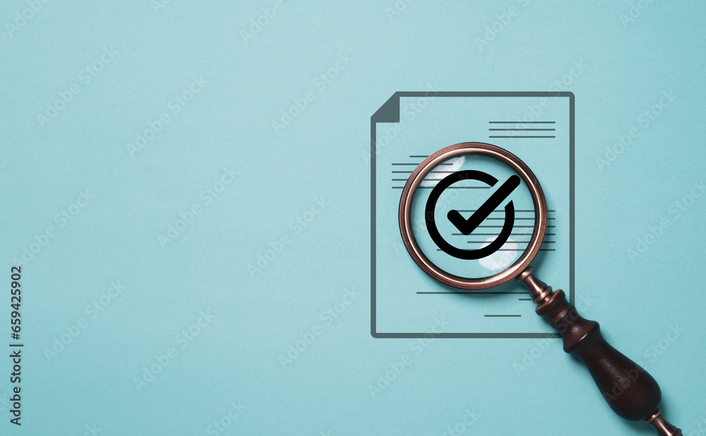 Poster correct sign symbol inside magnifier glass on document icon for iso quality assurance control and pr