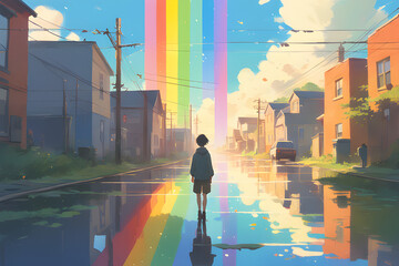 A girl who walks happily after seeing a rainbow in the sky