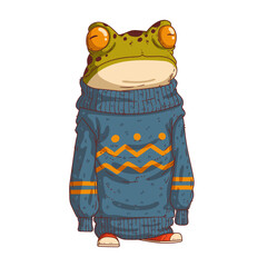 A Frog Person, isolated vector illustration. Cartoon picture of a toad in an oversized long-sleeved sweatshirt. Drawn animal sticker. An anthropomorphic frog on white background. An animal character.