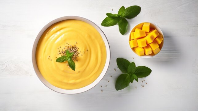  a white bowl filled with a yellow dip next to a bowl of sliced mangoes.  generative ai