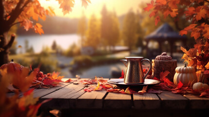 wooden table background and autumn time
