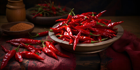 Red chili peppers and chili flakes spices and herbs on black background with reflection and copy space AI Generative