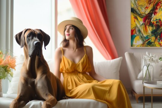 woman in yellow dress, wearing a hat, and great dane sitting on a white couch in modern artistic room full of light