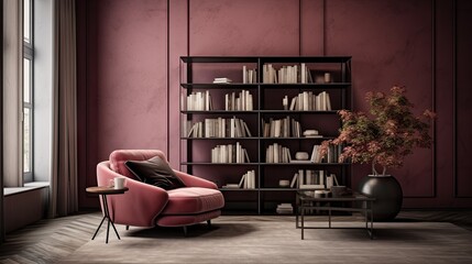  a living room with a pink chair and a book shelf.  generative ai