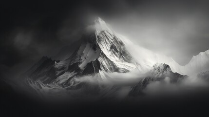  a black and white photo of a mountain in the clouds.  generative ai