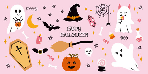 Pink Halloween. Set isolated cute hand drawn cartoon elements in retro colors ghosts, hat, coffin, bat, pumpkin for kids. Useful for scrapbooking, stickers, greeting card, party invitation, and poster