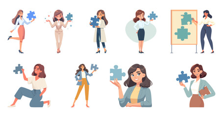 Vector illustration depicting a woman holding a puzzle piece. Flat graphic vector illustrations isolated on white background.
