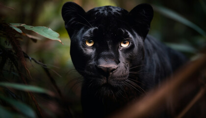 Black feline staring alertly in tropical rainforest generated by AI