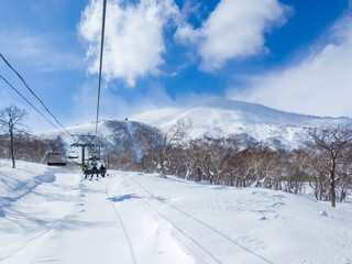 Fototapeta na wymiar View of the ski resort summit from a chairlift (Niseko, Hokkaido, Japan)