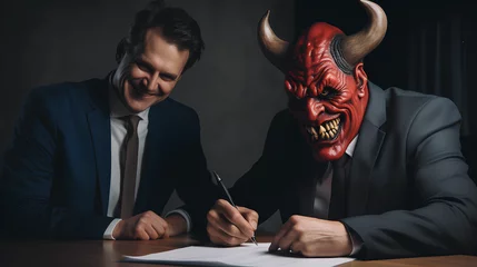 Fotobehang very thrilled man signing a contract and the devil is sitting with him in his office. A deal with the devil ©  Mohammad Xte