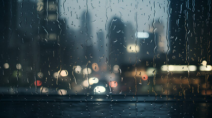 View through a rain splattered window onto a bleak city