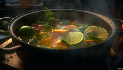 Organic vegetarian soup with fresh seafood and citrus refreshment generated by AI