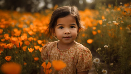Fototapeta premium Cute Caucasian girl smiling, enjoying nature beauty in summer meadow generated by AI