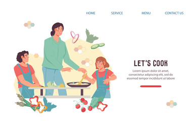 Kids cooking class website or landing page template designed to promote culinary master classes for children, flat vector illustration isolated on white background. Kids workshop lesson.