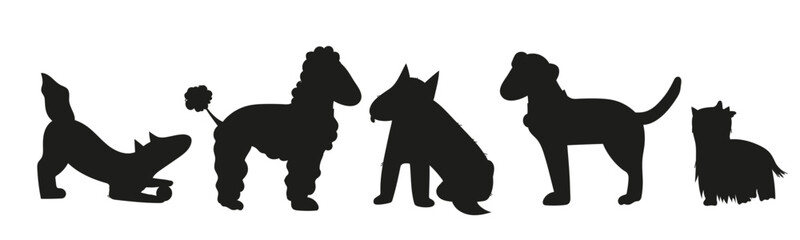 Collection of vector dog breed silhouettes, perfect for design projects, logos vector illustration isolated on white. Dogs silhouettes and black contours in row.
