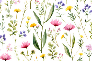 Fototapeta na wymiar Watercolor vector with wild flowers, leaves, trees and flying butterflies. Garden background in vintage style. Abstract. Wild flower background. gift wrapping paper