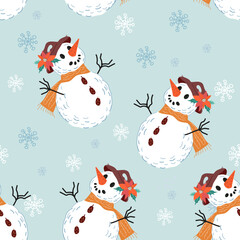 Christmas snowman seamless pattern design for packaging, and holiday-themed design, flat vector illustration. Christmas seamless pattern to use for decorations, wrapping paper, and more.