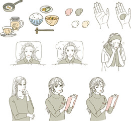 ビューティー　眠る女性と洗顔する女性のイラストレーションセット