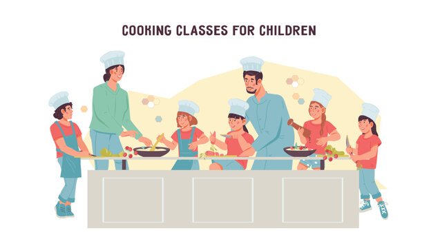 Kids cooking class design template designed to promote the fun and educational aspects of master classes for children, flat vector illustration isolated on white background.