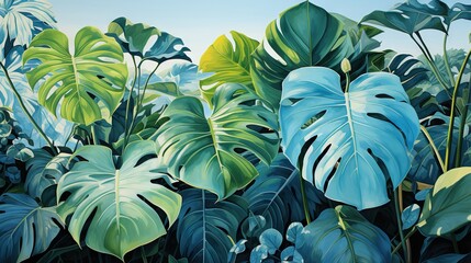  a painting of a tropical plant with blue and green leaves.  generative ai