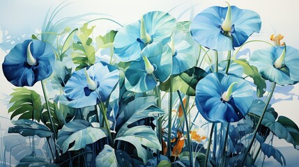  a painting of blue flowers with green leaves on a white background.  generative ai