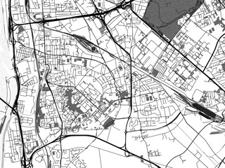 Greyscale vector city map of  Venissieux in France with with water, fields and parks, and roads on a white background.