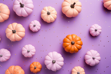 small pastel color pumpkins pattern with confetti on a pastel purple background, flat lay
