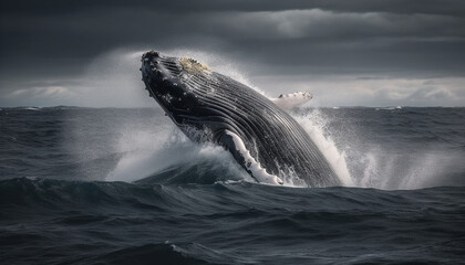 Majestic humpback breaches, spraying awe inspiring beauty generated by AI