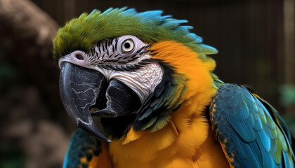 Fototapeta premium Vibrant macaw perched on branch in rainforest generated by AI