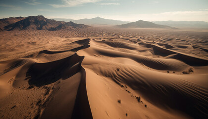 Fototapeta na wymiar Rippled sand dunes in arid Africa, majestic mountain range at sunset generated by AI