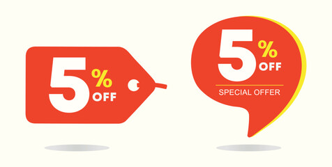 5% off. Tag campaign sales. Promotion, ads. Retail, store. Sticker discount price, offer, promo. Vector, illustration, icon