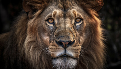 Majestic lioness staring at camera in African wilderness, alertness evident generated by AI