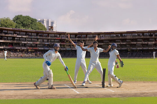 A wicket-keeper and his team mates  appealing to the squarleg  umpire for stumping during a cricket match