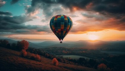 Multi colored hot air balloon flying over mountain landscape at sunset generated by AI