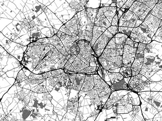 Obraz premium Greyscale vector city map of Lille in France with with water, fields and parks, and roads on a white background.