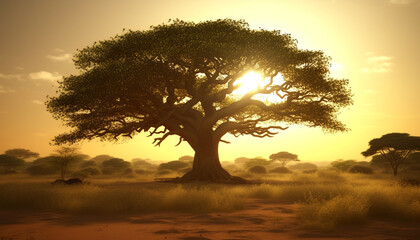 Fototapeta na wymiar Silhouette of acacia tree in tranquil African wildlife reserve at sunset generated by AI