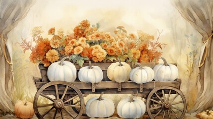  a painting of pumpkins and gourds in a wagon.  generative ai