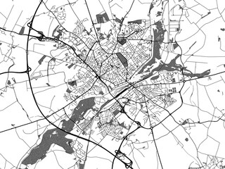 Greyscale vector city map of  Saint-Quentin in France with with water, fields and parks, and roads on a white background.