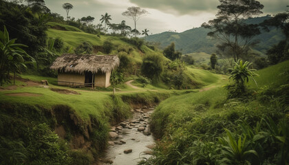 Tranquil Bali hut amidst terraced rice paddy and lush tropical forest generated by AI