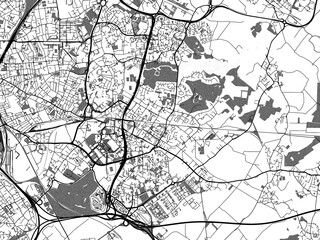 Greyscale vector city map of  Villeneuve-Ascq in France with with water, fields and parks, and roads on a white background.