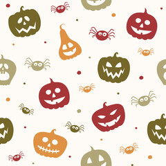 Design of Halloween pattern with funny pumpkin lanterns and spiders. Vector