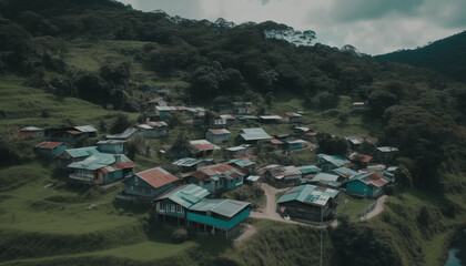 Fototapeta premium High angle view of mountain range, green landscape, rural hut generated by AI
