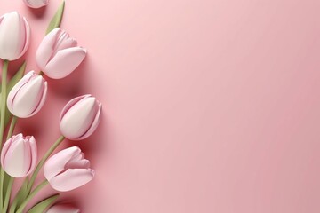 Fototapeta na wymiar Empty pink background with tulip flowers and paper card. Springtime horizontal greeting card template. Generative AI