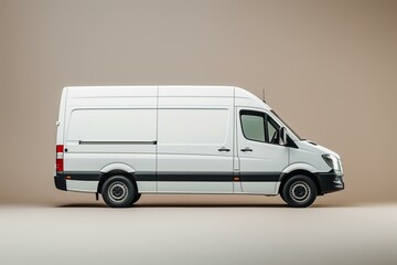 A white delivery van stands alone on a plain background. Generative AI